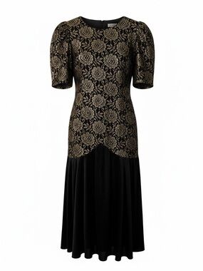 VTG Formal Cocktail Dress Black Gold Floral Satin Wedding Guest Women Size 9-10